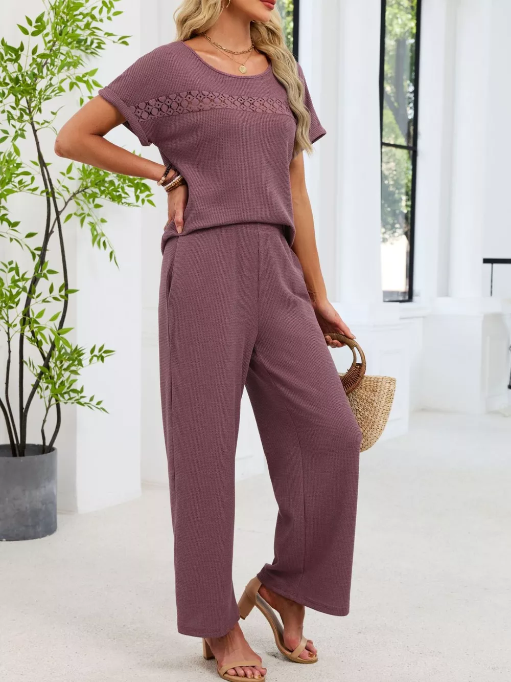 Lace Detail Short Sleeve Top and Pants Set, image 22