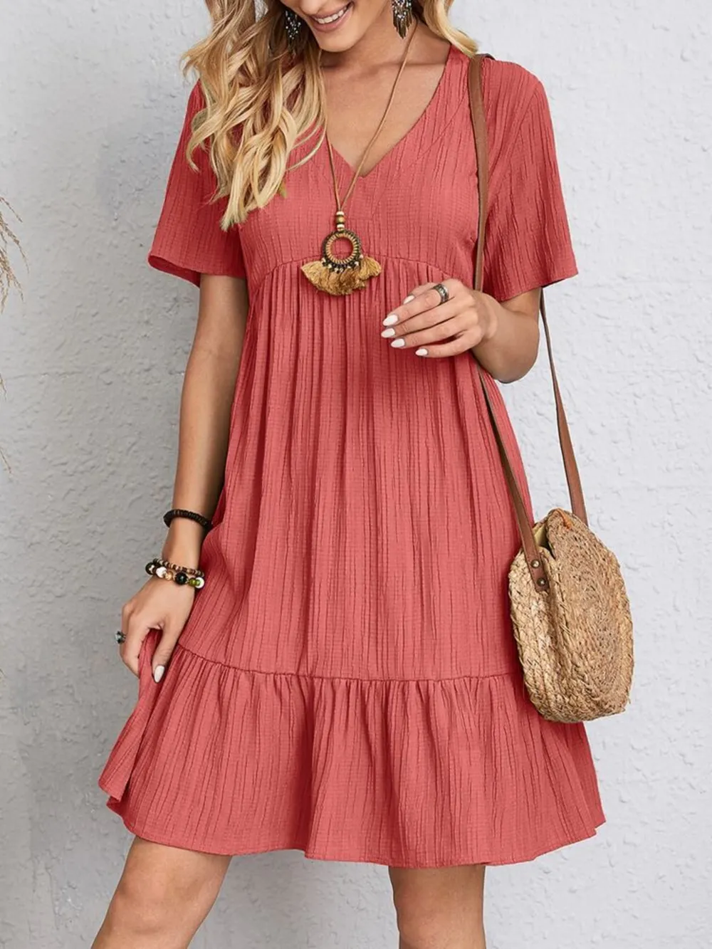 Full Size V-Neck Short Sleeve Dress, image 20