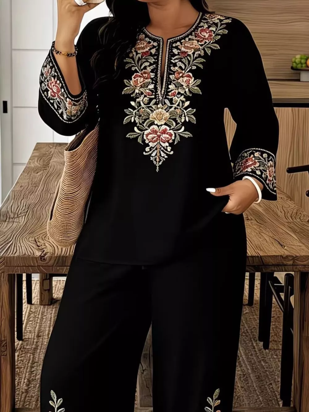 Full Size Embroidered Long Sleeve Top and Pants Set Plus Size, image 6