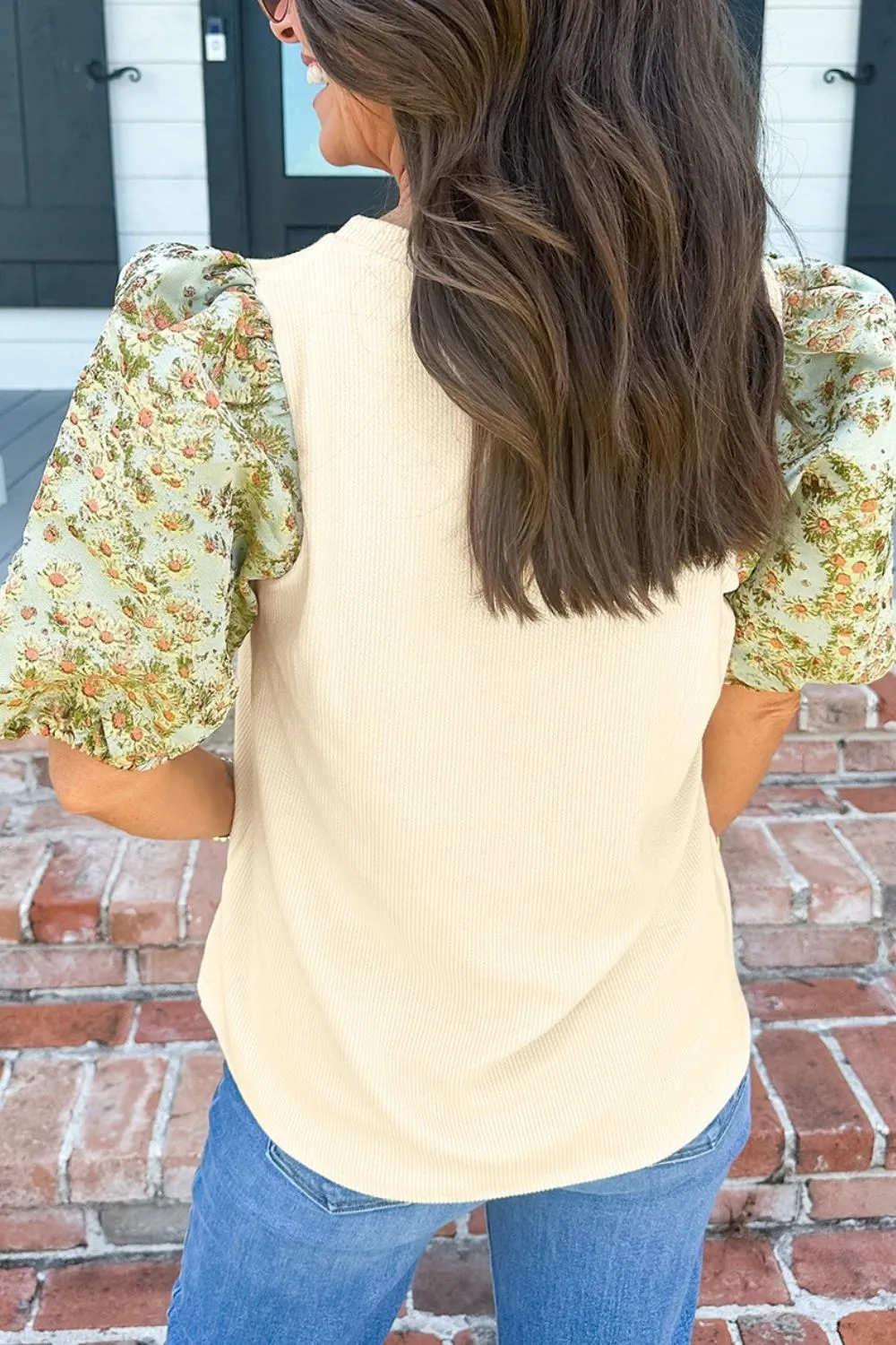 Floral Puff Sleeve Ribbed Blouse, image 8