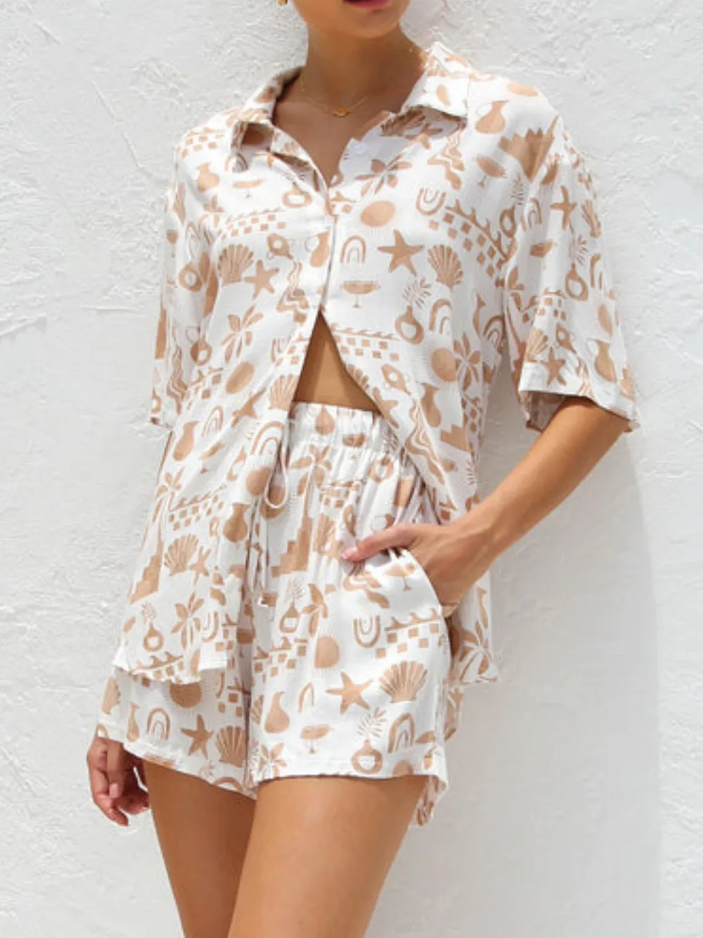 Printed Button Down Short Sleeve Top and Shorts Set, image 18