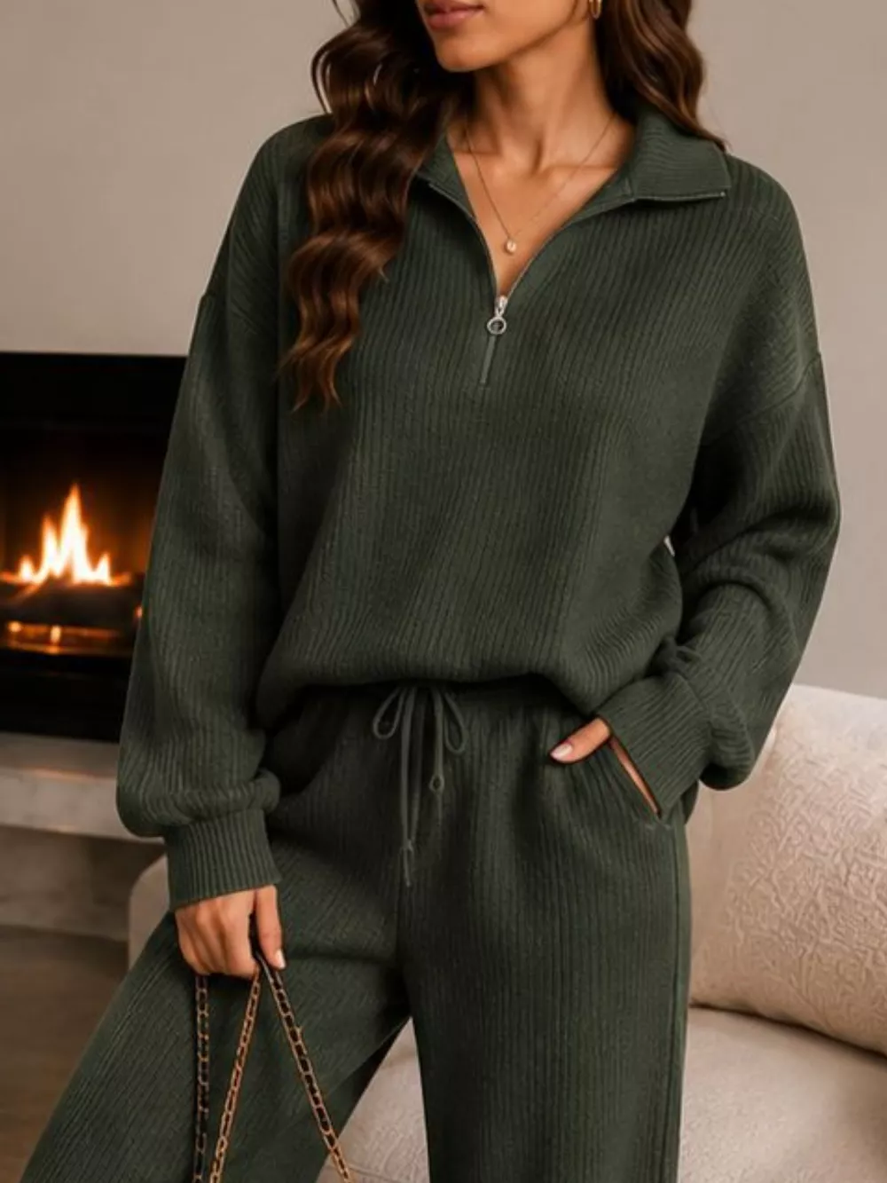 Ribbed Knit Quarter-Zip Top and Wide-Leg Pants Set, image 21