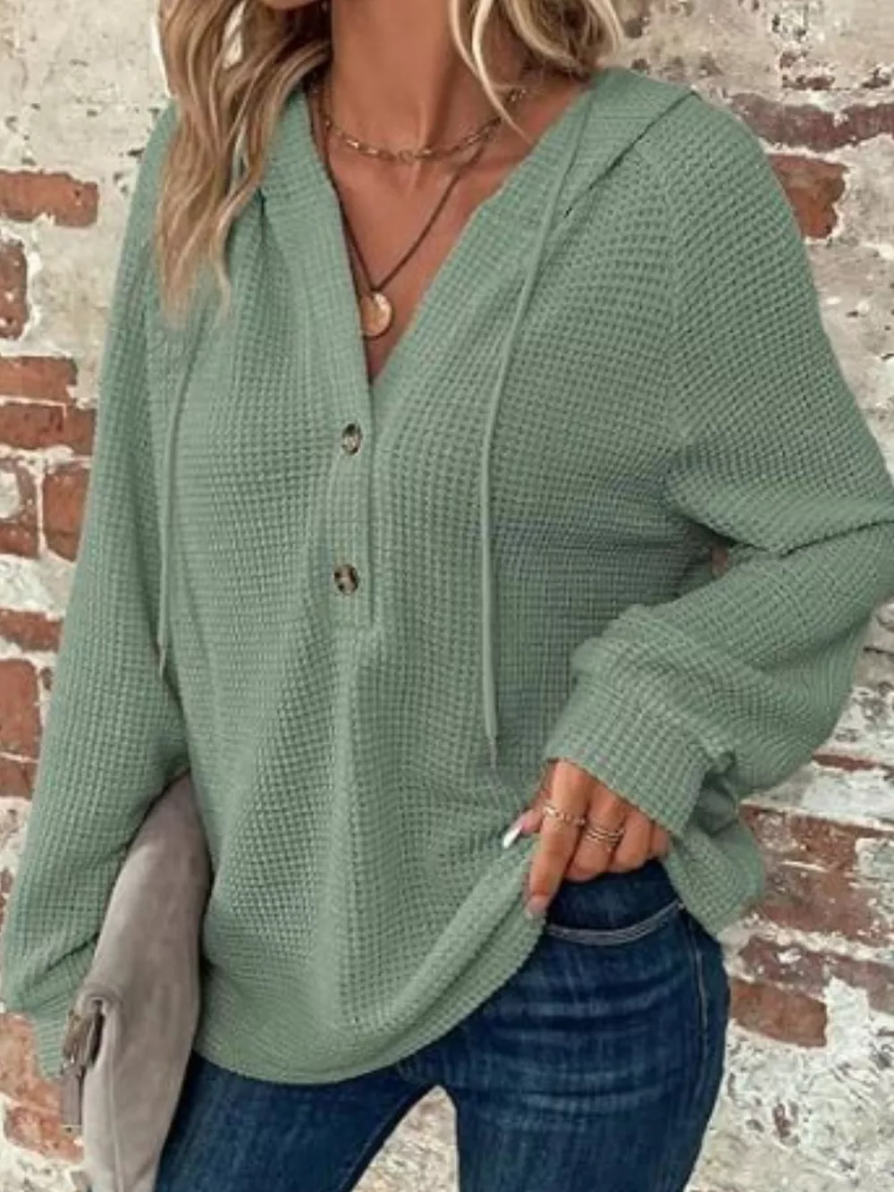Waffle Knit Button Detail Hoodie, image 15