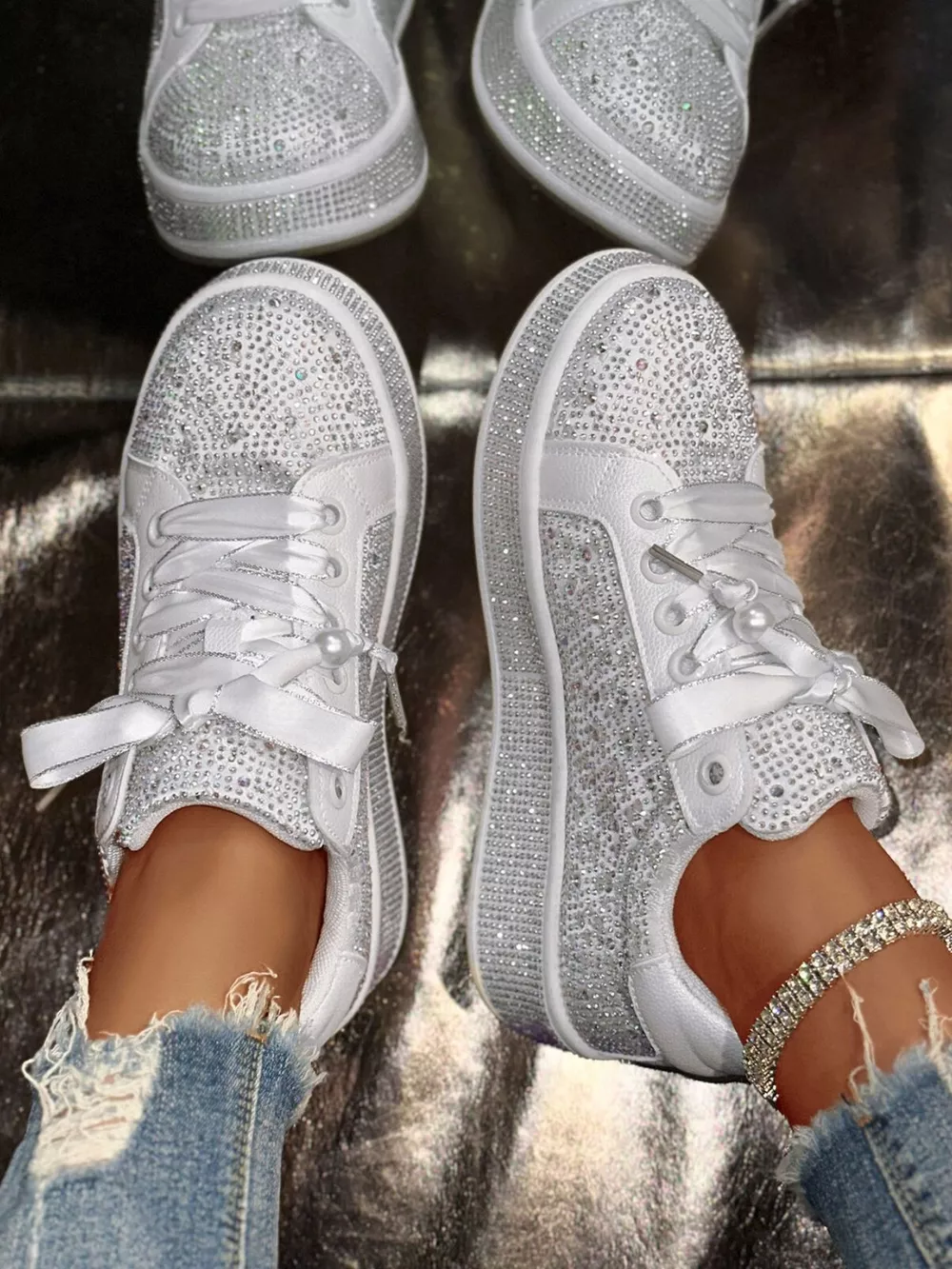 Round Toe Rhinestone Sneakers, image 3