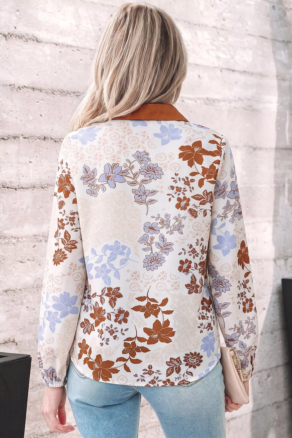 Floral Print Colorblock V Neck Long Sleeve Blouse, image 2