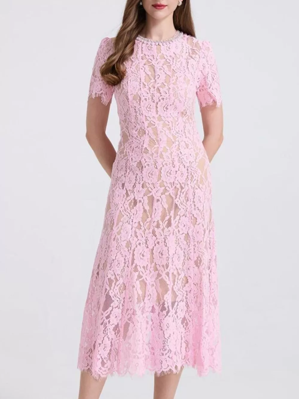 Lace Pearl Neckline Midi Dress, image 5