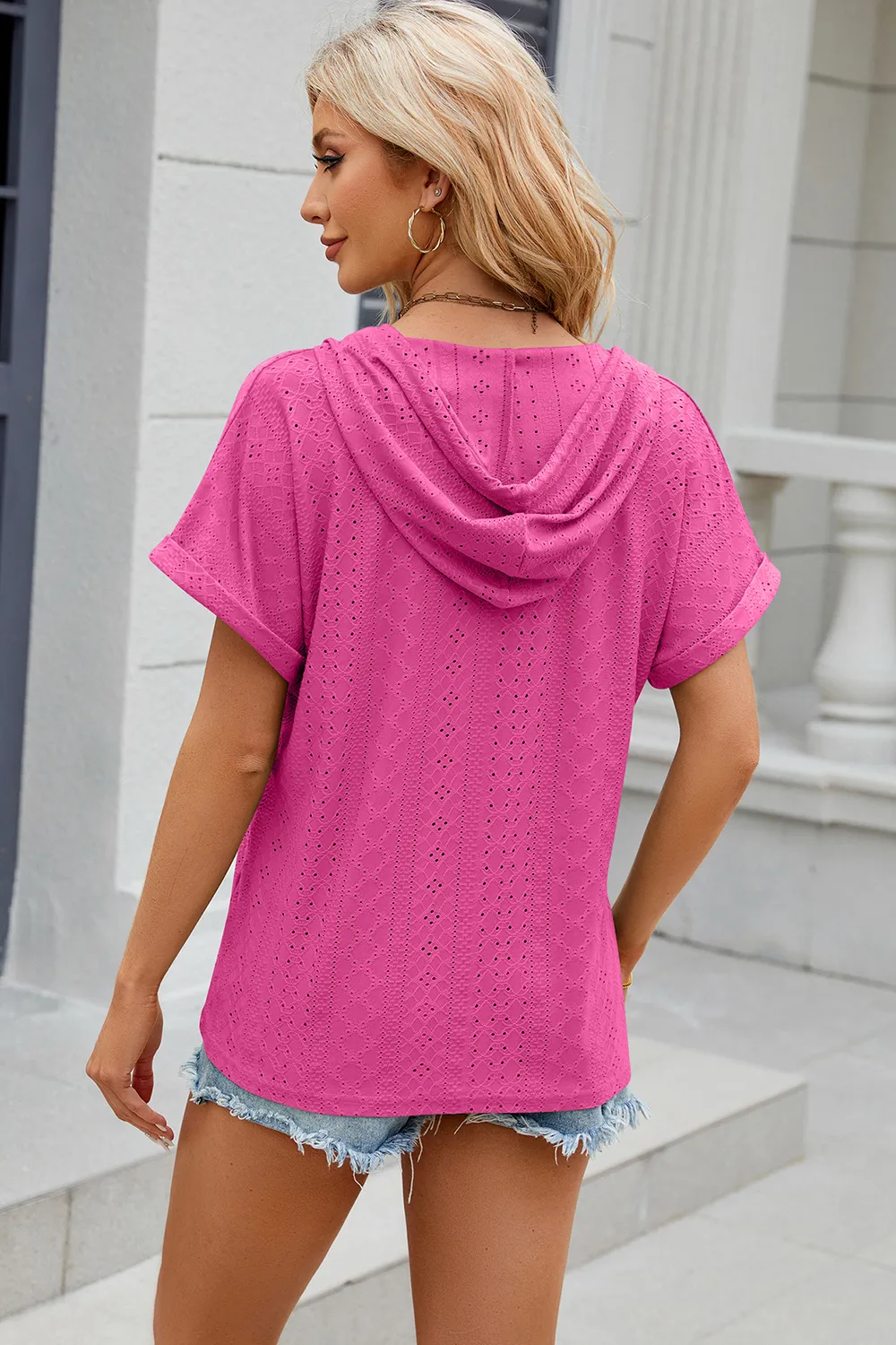 Eyelet Drawstring Hooded Short Sleeve Blouse, image 13