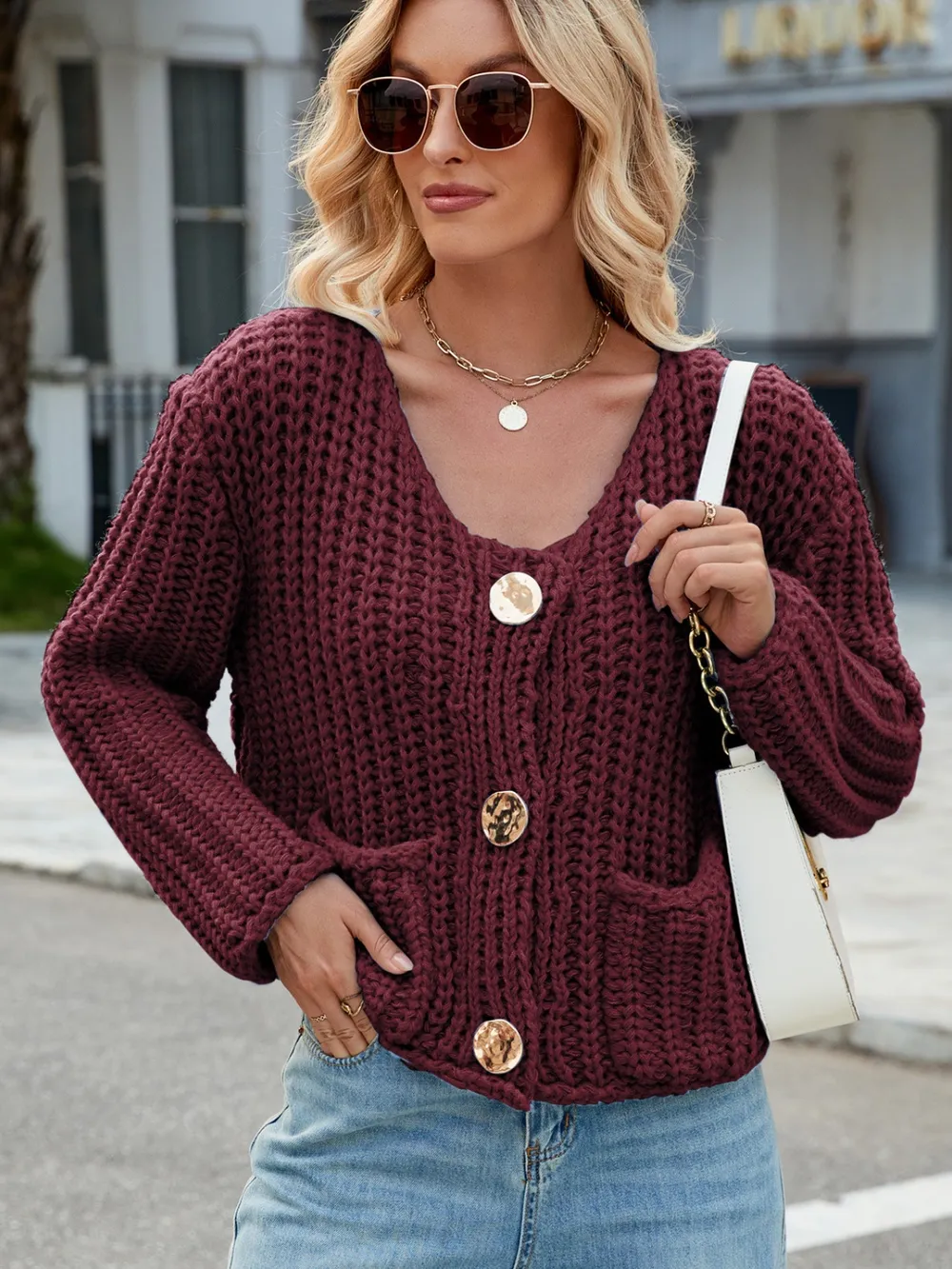 Round Neck Button Up Cardigan with Pockets, image 33
