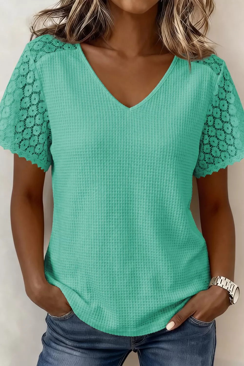 Lace Splicing Button Cutout V Neck Waffle Knit Blouse, image 3