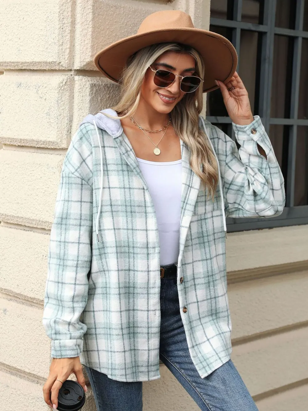 Drawstring Plaid Button Up Hooded Jacket, image 6