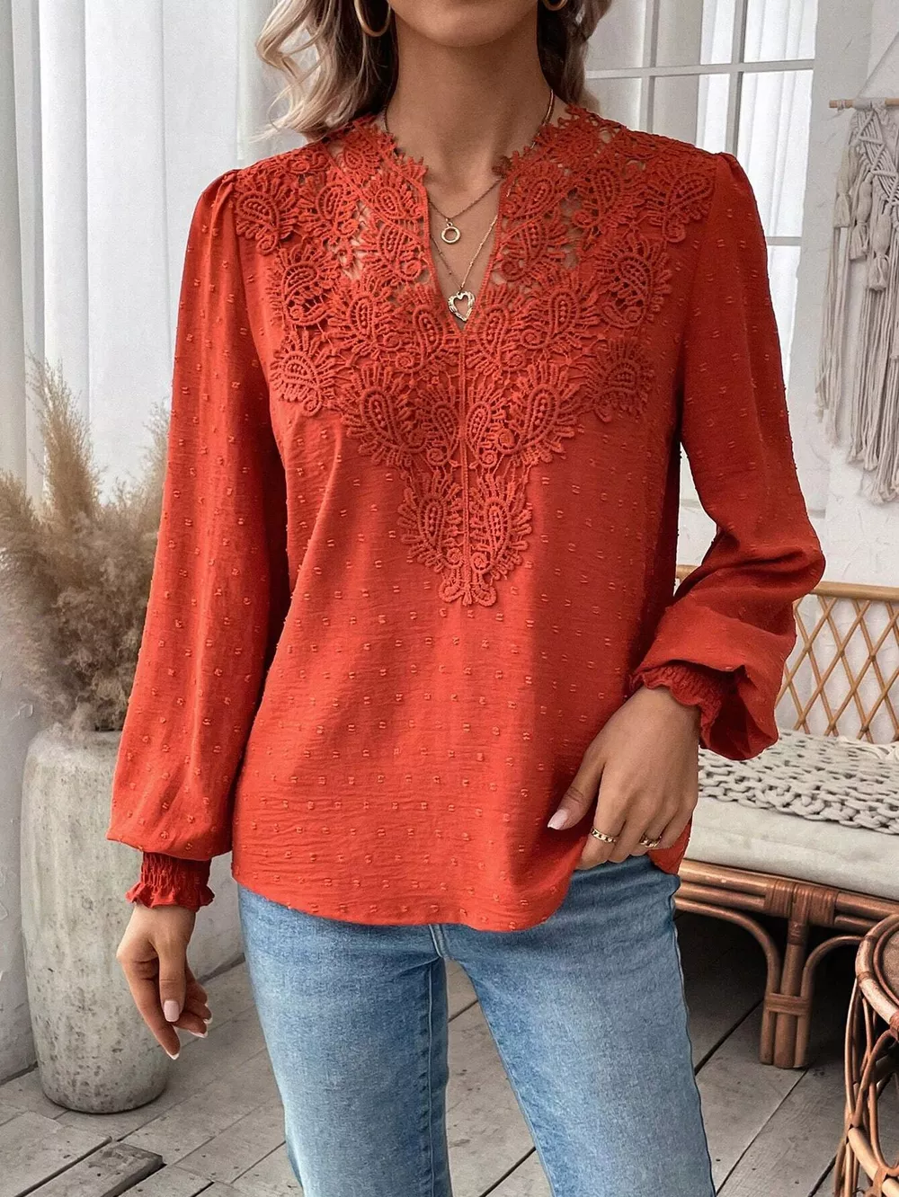 Lace Trim Long Sleeve Blouse, image 24