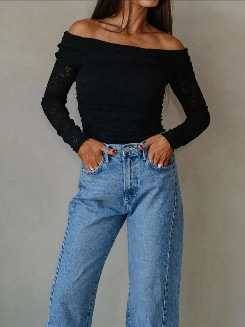 Floral Lace Off-shoulder Long Sleeve Slim Top, image 6