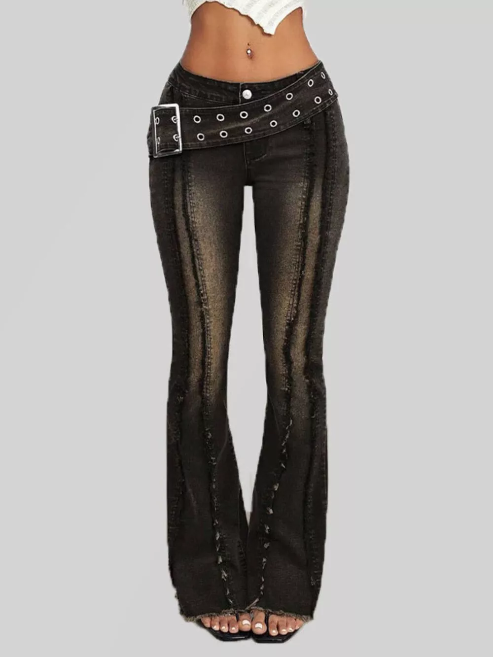 Belted High Waist Flare Jeans, image 4