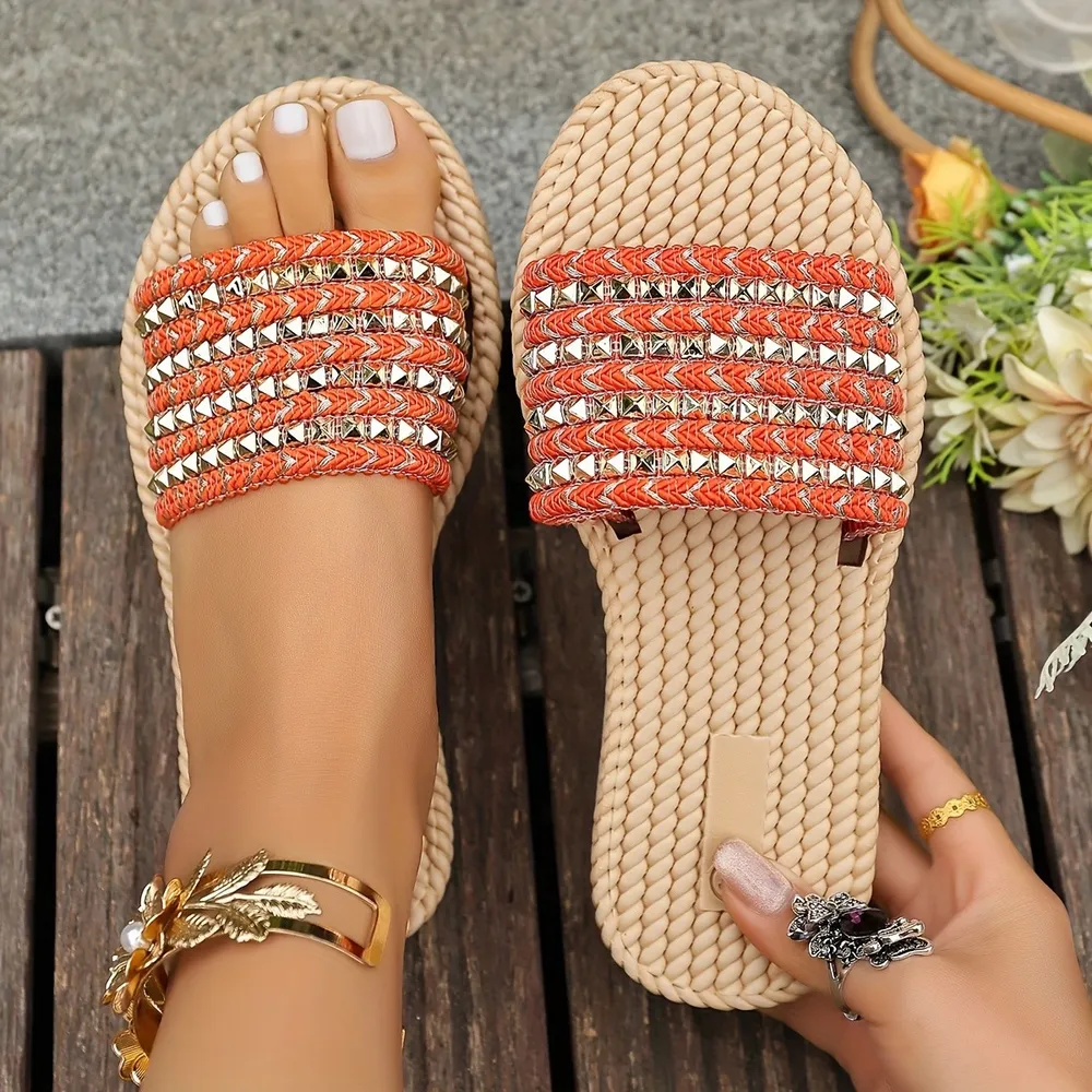 Studded Open Toe Flats Sandals, image 2