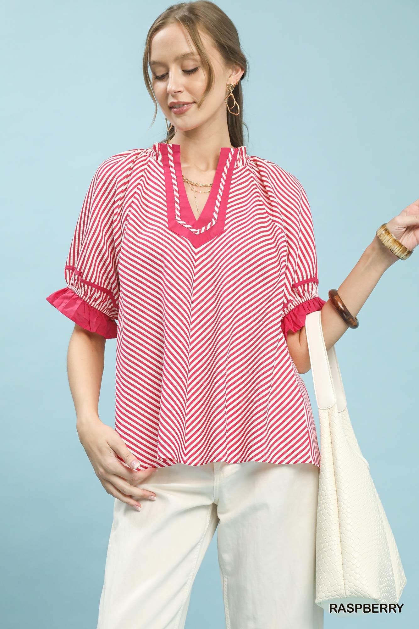 Stripe Ruffle Sleeve Split-Neck Blouse