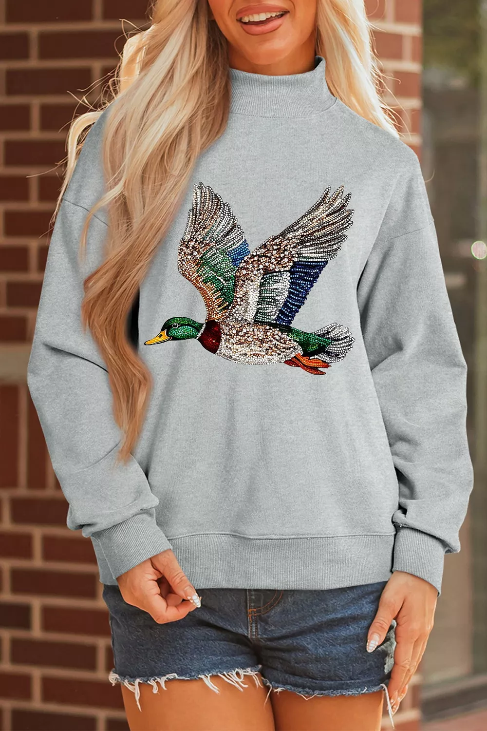 Western Style Mallard Duck Printed Graphic Baggy Mock Neck Sweatshirt, image 6