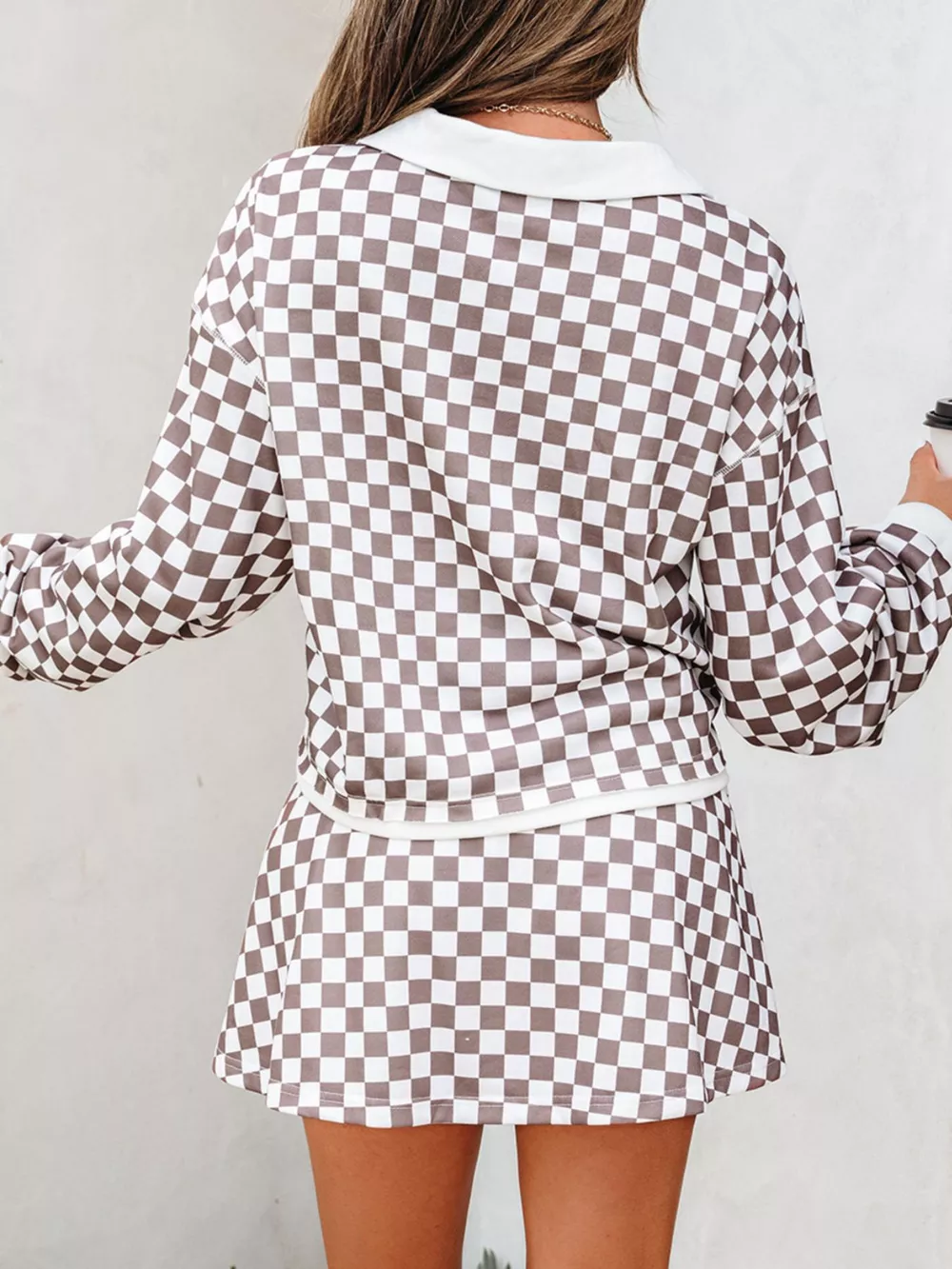 Checkered Print Polo Collar Cropped Long Sleeve Top and Drawstring Mini Skirt Set, image 4
