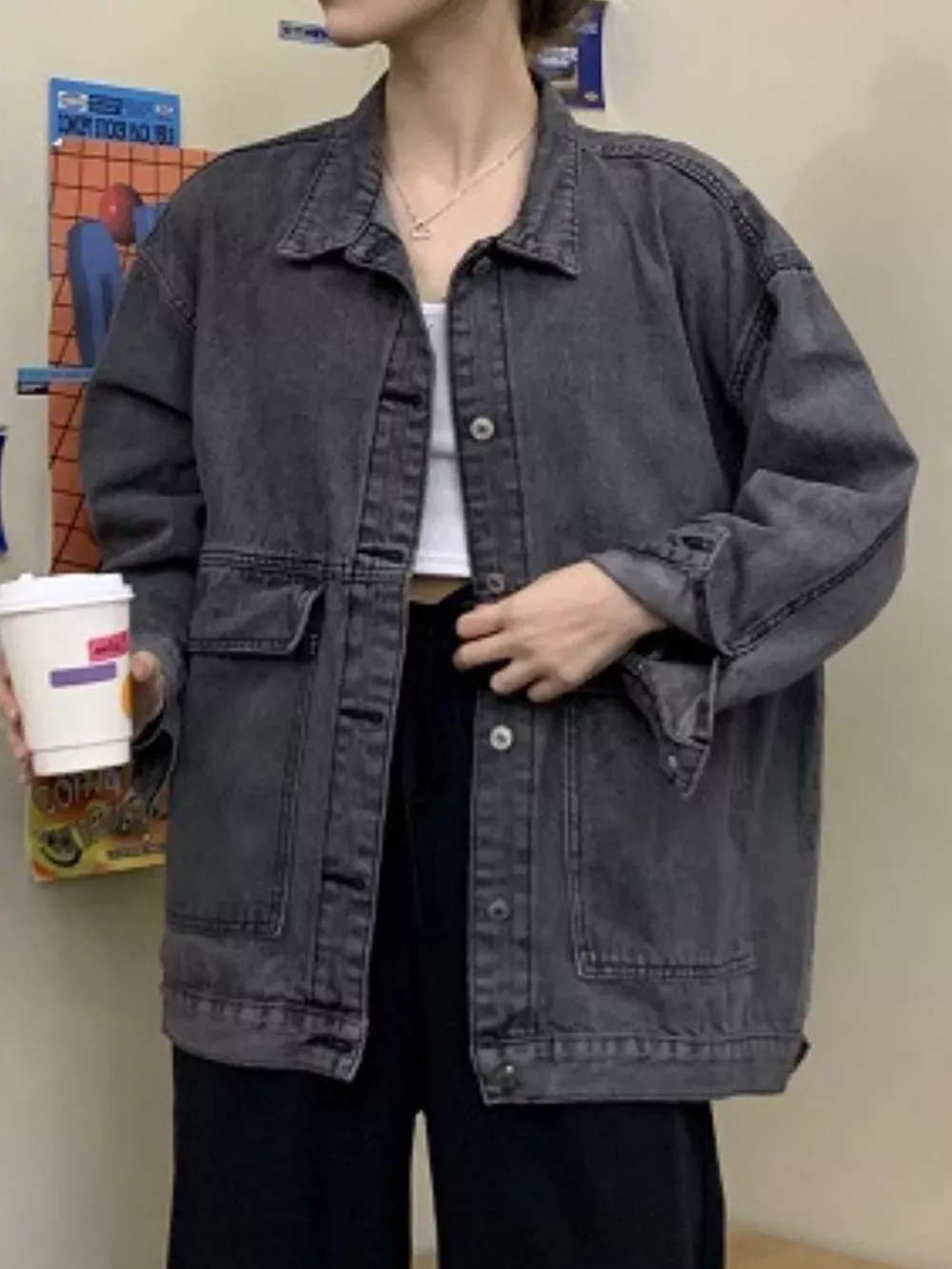Oversized Wash Denim Jacket with Utility Pockets, image 14