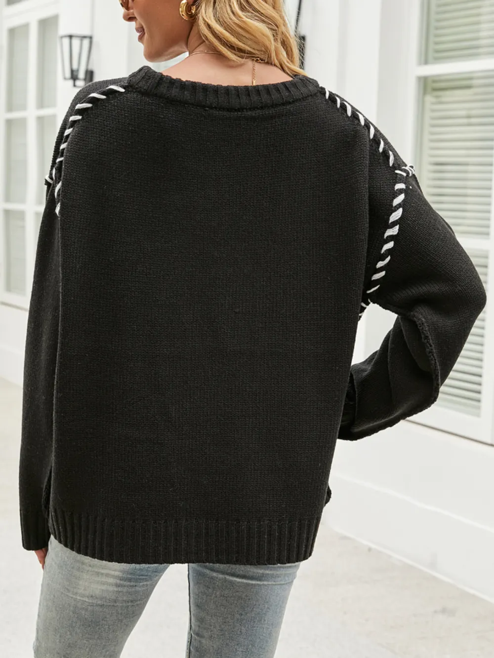 Contrast Round Neck Drop Shoulder Knit Top, image 4