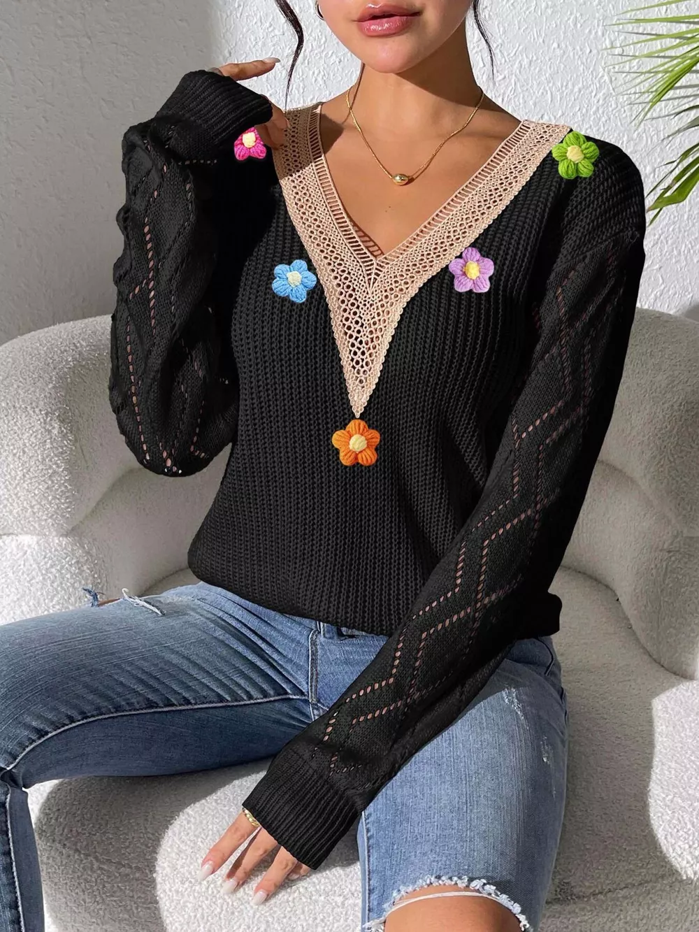 Floral Applique V-Neck Openwork Sweater, image 9