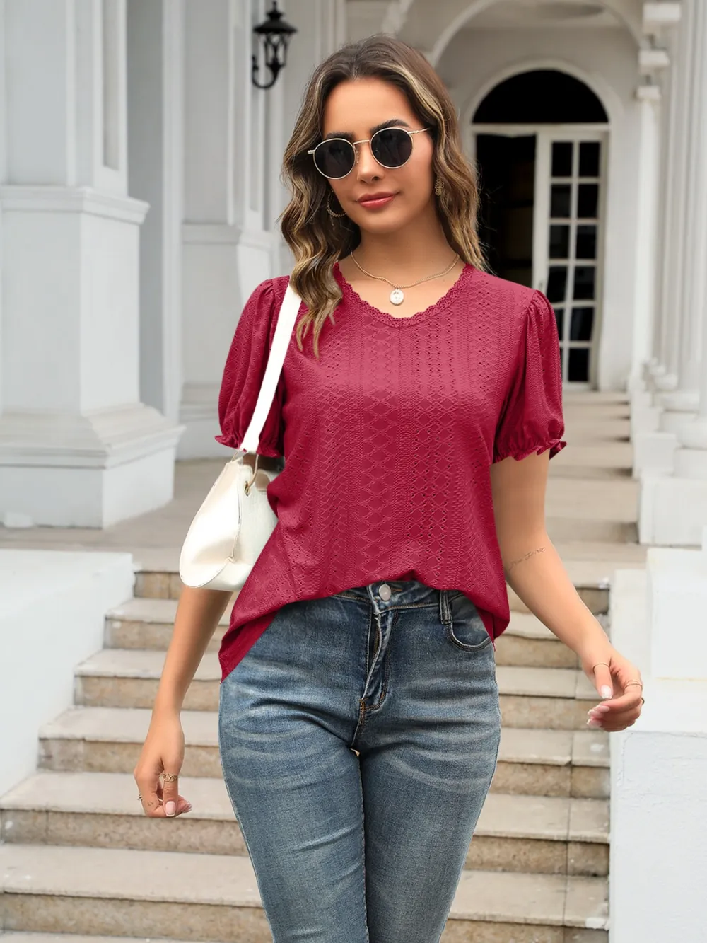 Eyelet Round Neck Short Sleeve Blouse, image 5