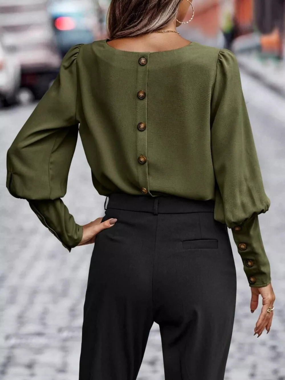 Back Button Lantern Sleeve Blouse, image 11
