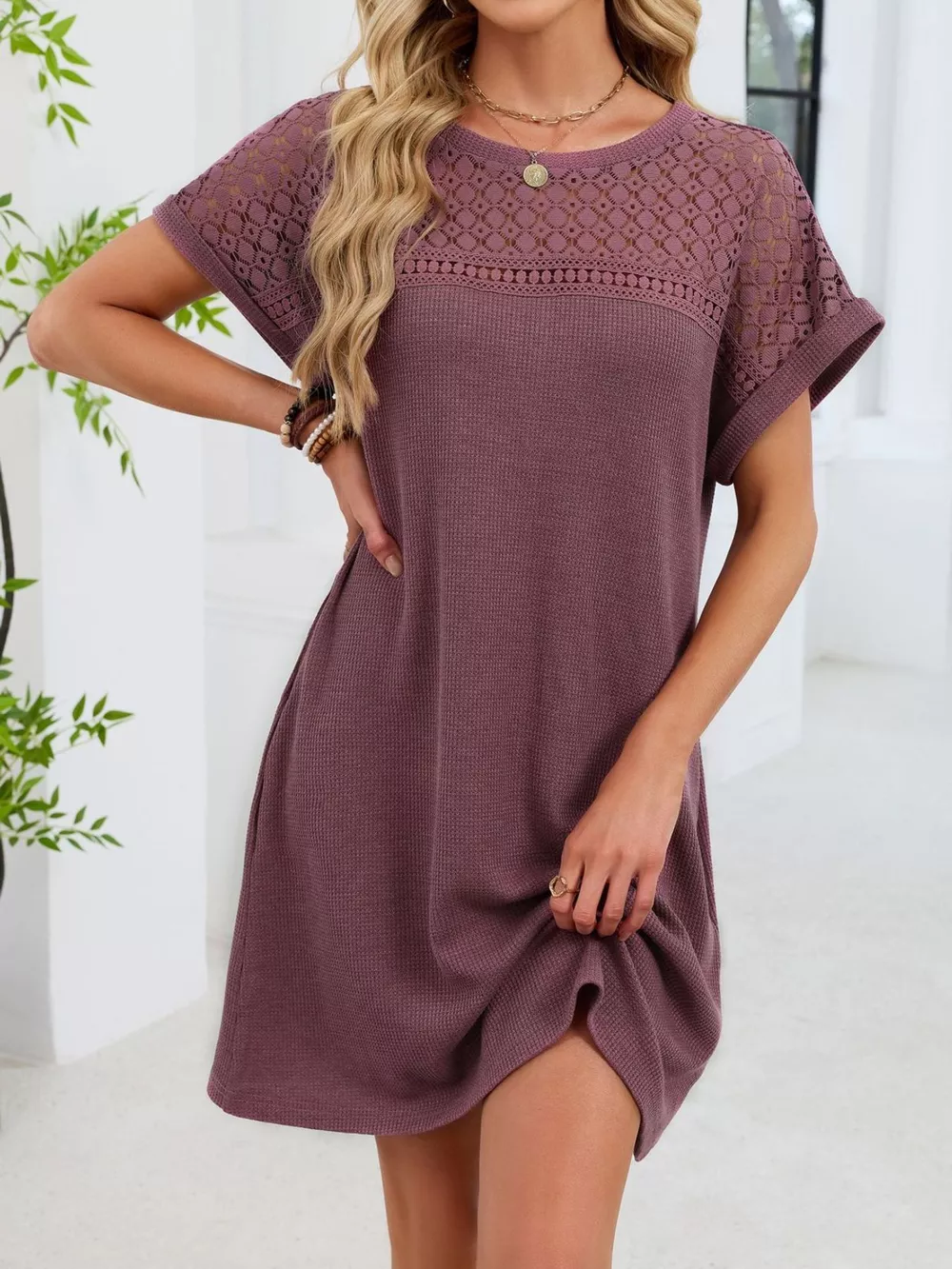 Lace Round Neck Short Sleeve T-Shirt Dress, image 28