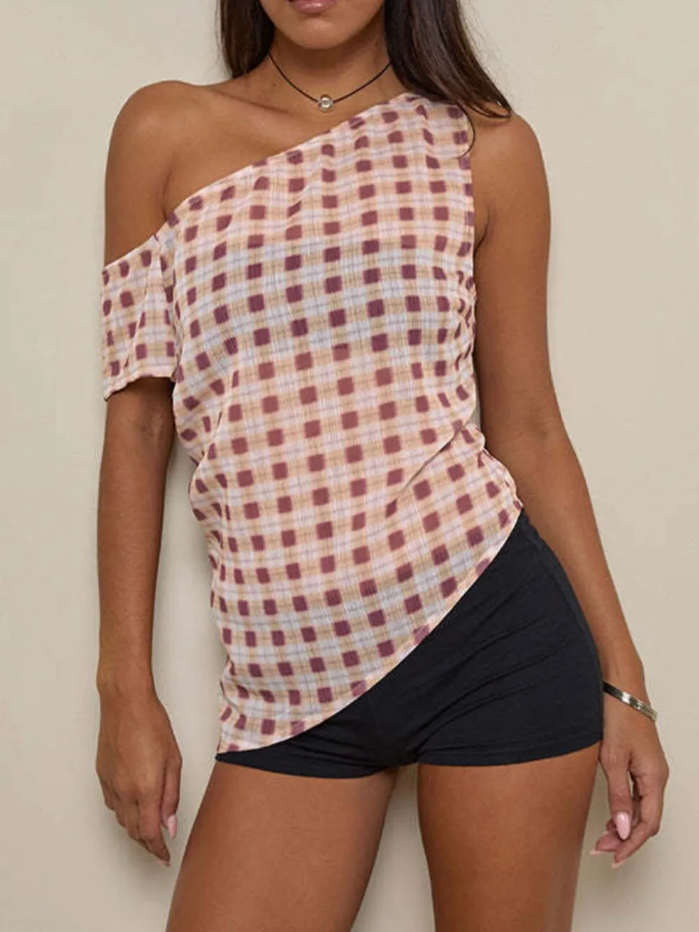 One-Shoulder Plaid Tank Top, image 2