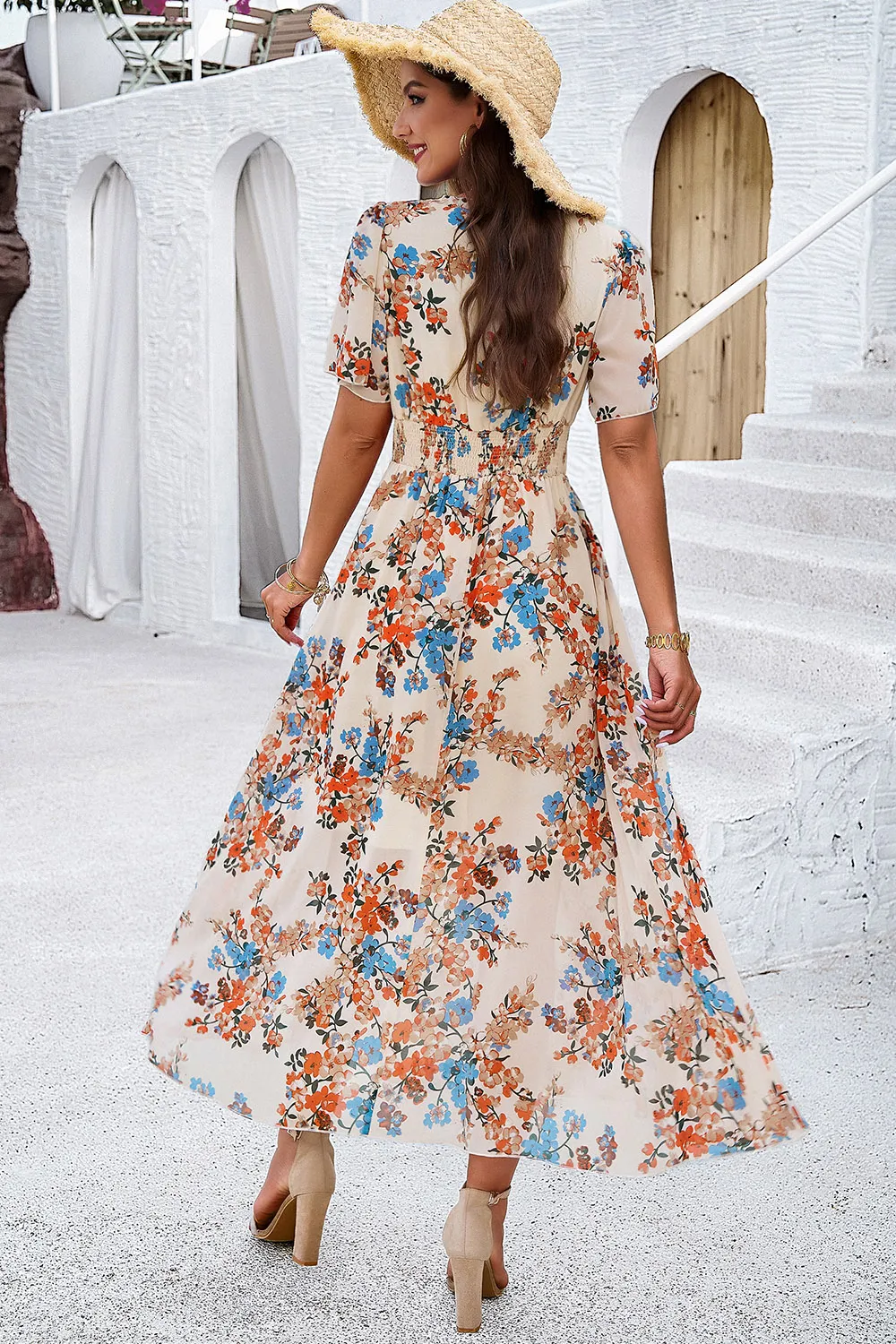 Smocked Floral V-Neck Short Sleeve Dress, image 3