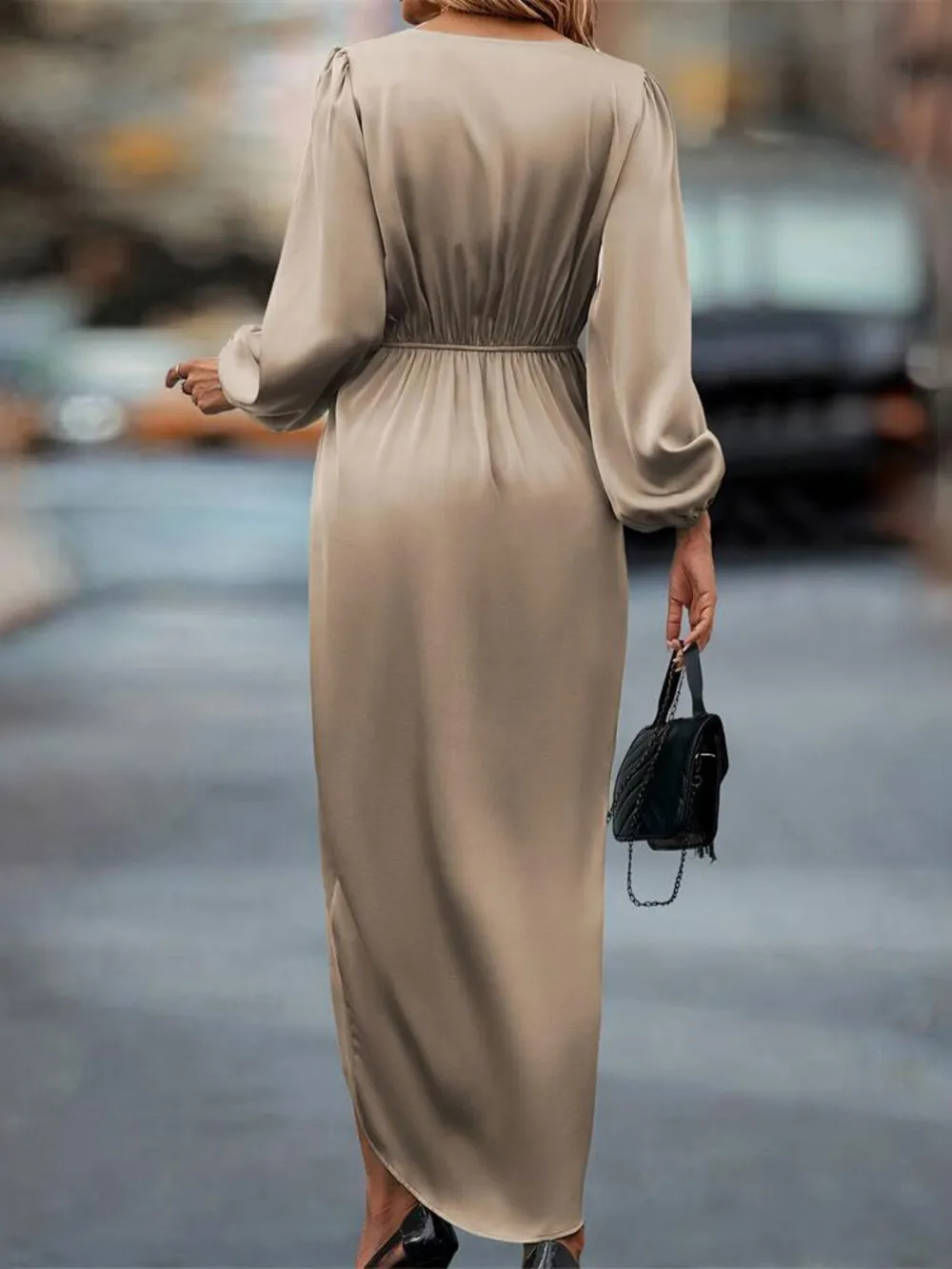 High-Low Surplice Balloon Sleeve Midi Dress, image 4