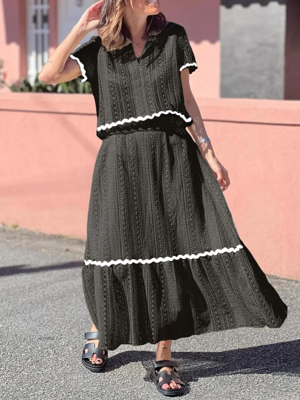 Contrast Trim Openwork Short Sleeve Top and Skirt Set, image 5