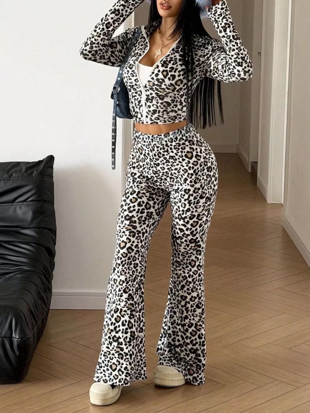 Leopard Print Zip-Up Crop Top and Flared Pants Two-Piece Set, image 2