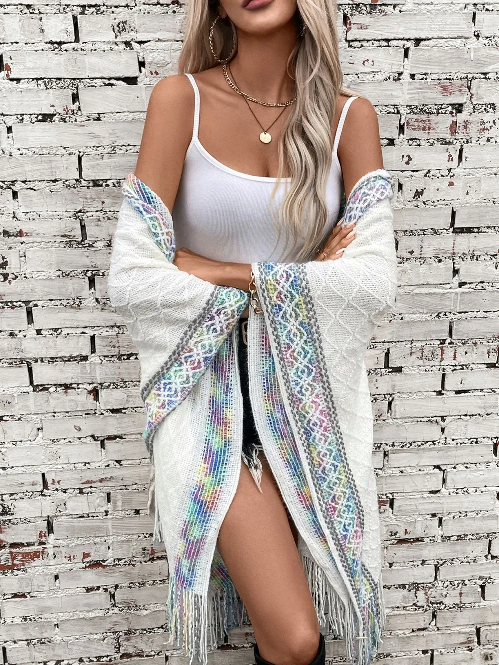 Fringe Half Sleeve Hooded Poncho, image 4