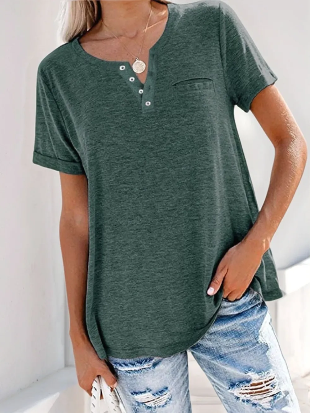 Full Size Notched Short Sleeve T-Shirt Plus Size, image 13