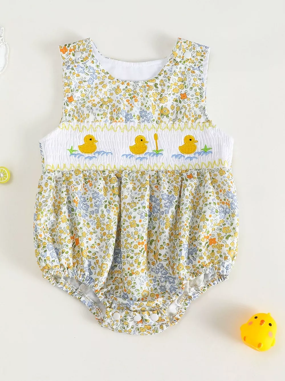Children's Floral Print Duck Embroidered One-Piece