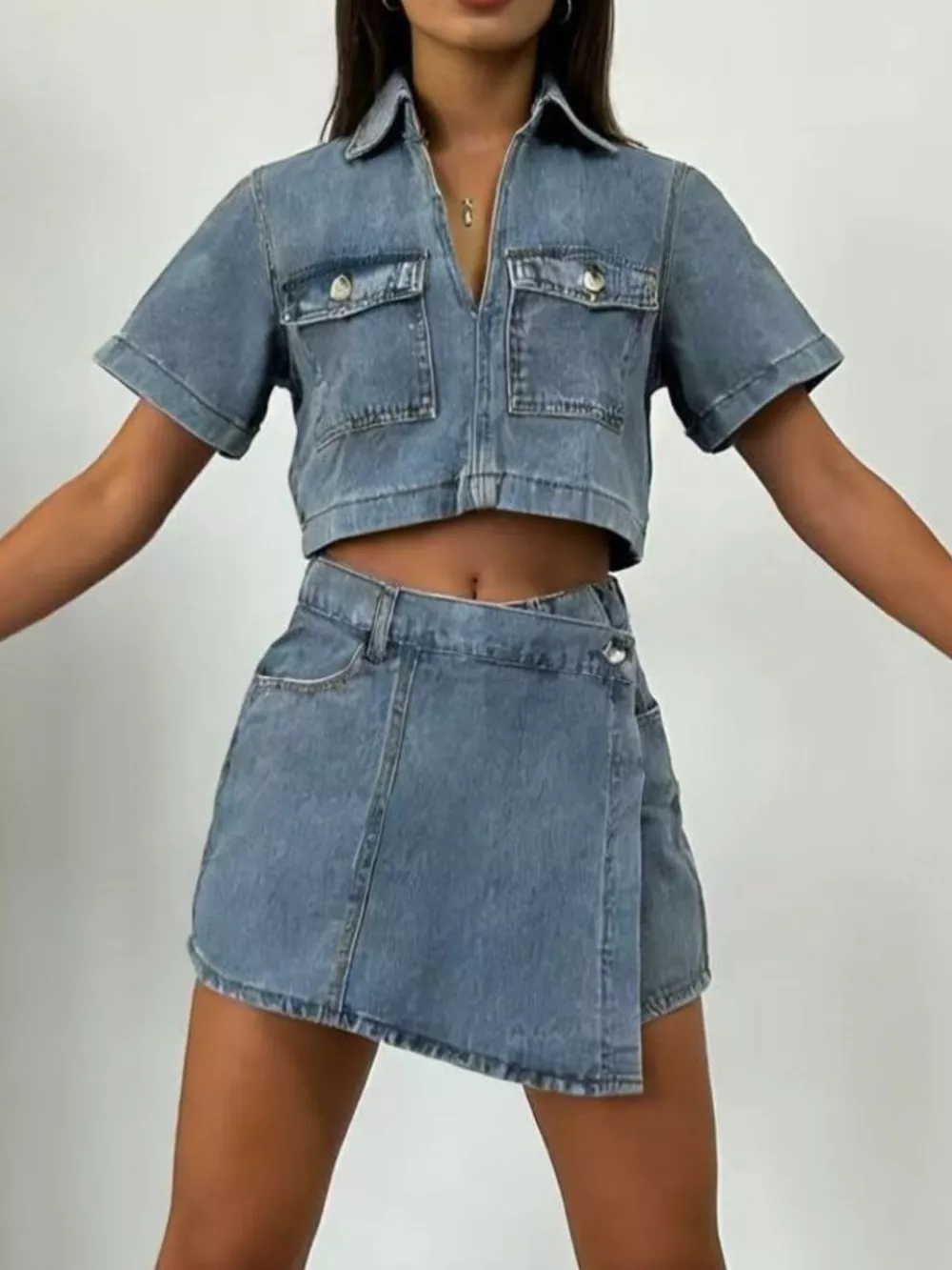 Short Sleeve Cropped Top and Skort Denim Set, image 3