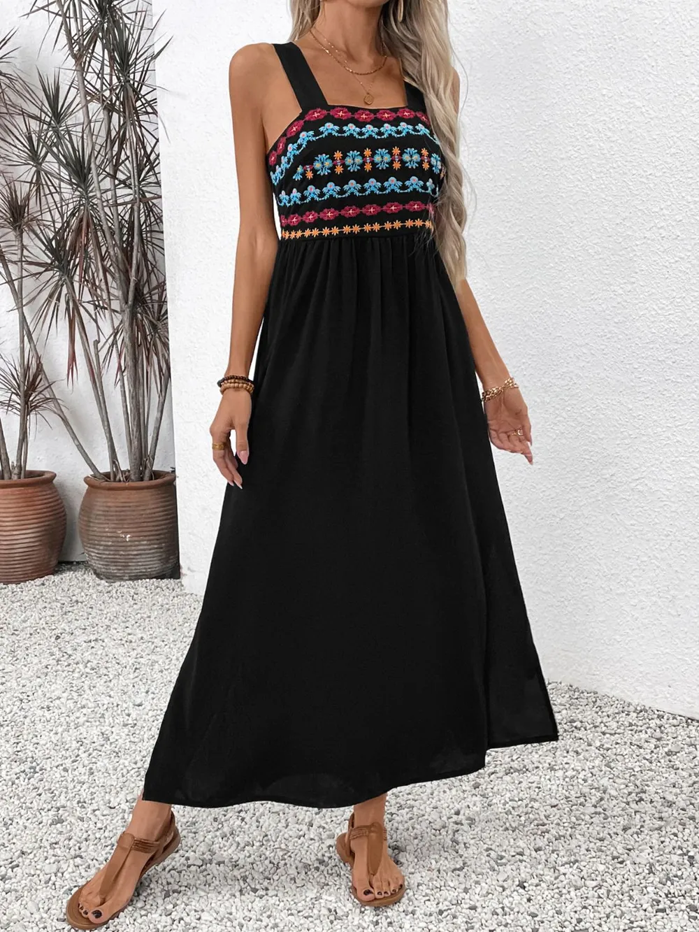 Embroidered Floral Side Slit Sleeveless Midi Dress