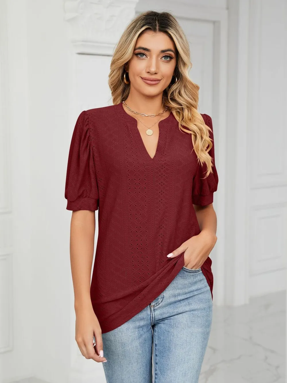 Eyelet Notched Short Sleeve T-Shirt