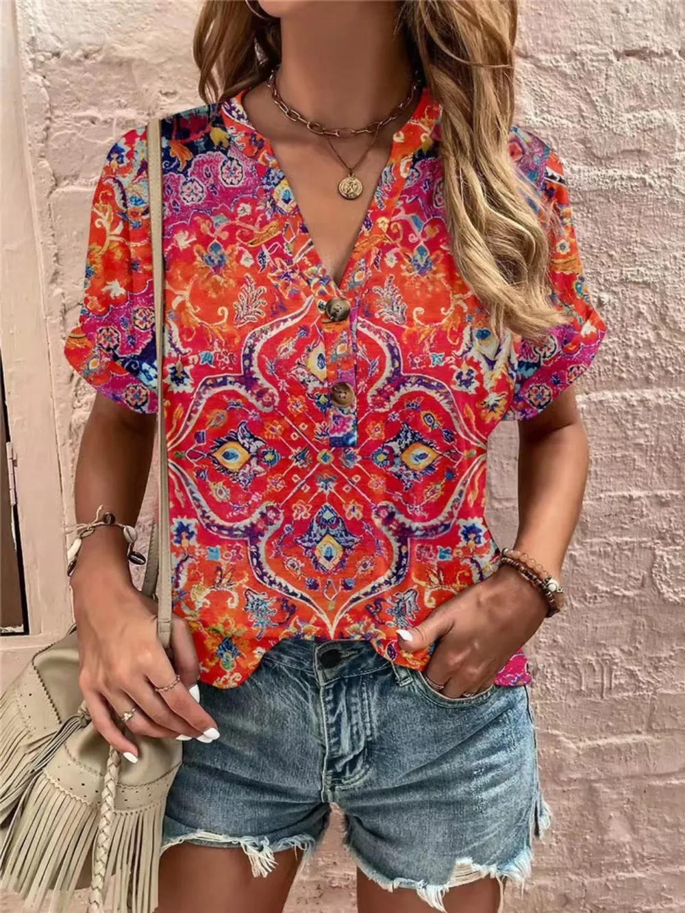 Full Size Printed Notched Short Sleeve Blouse, image 13