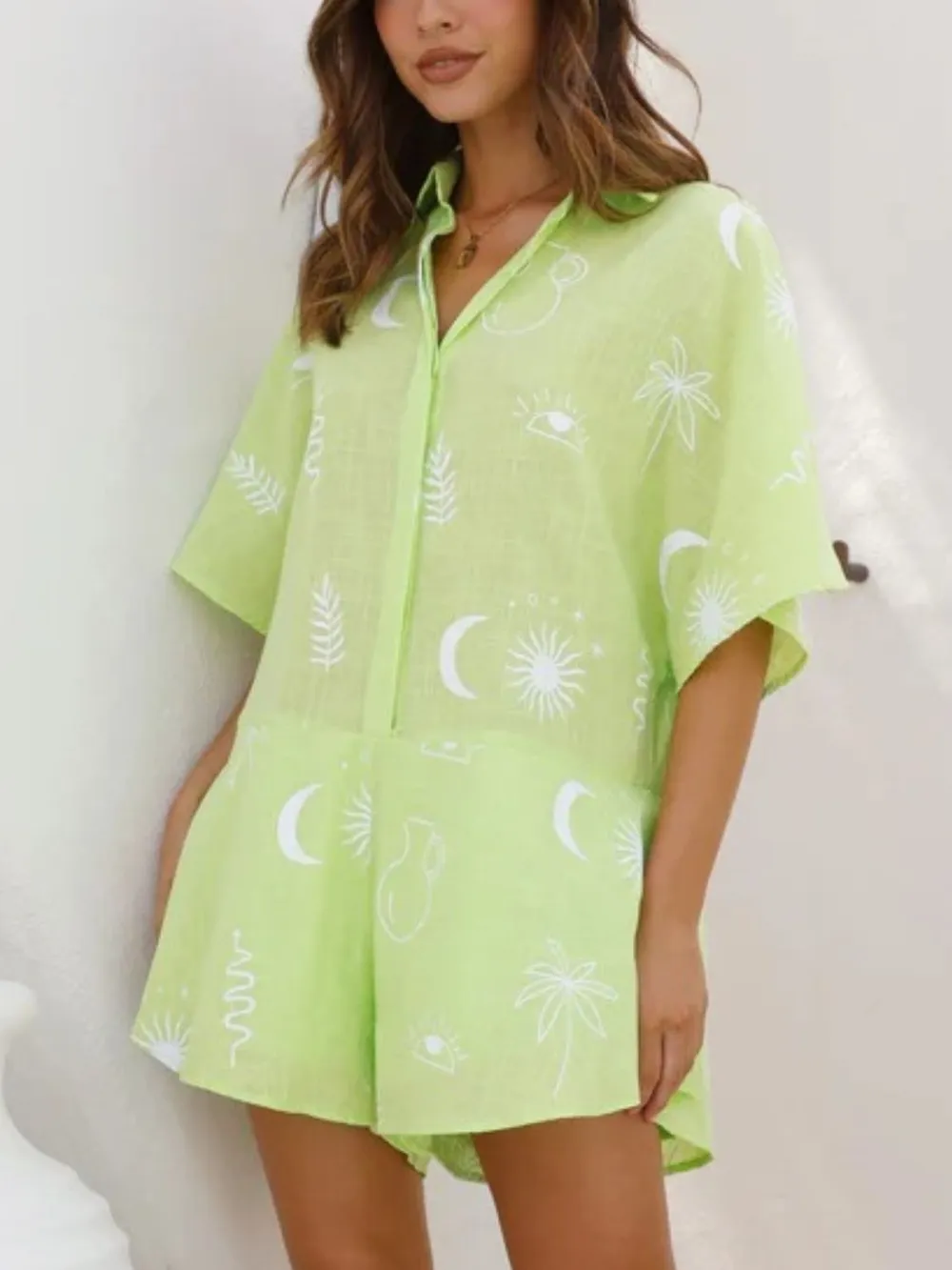 Printed Collared Neck Half Sleeve Romper, image 4