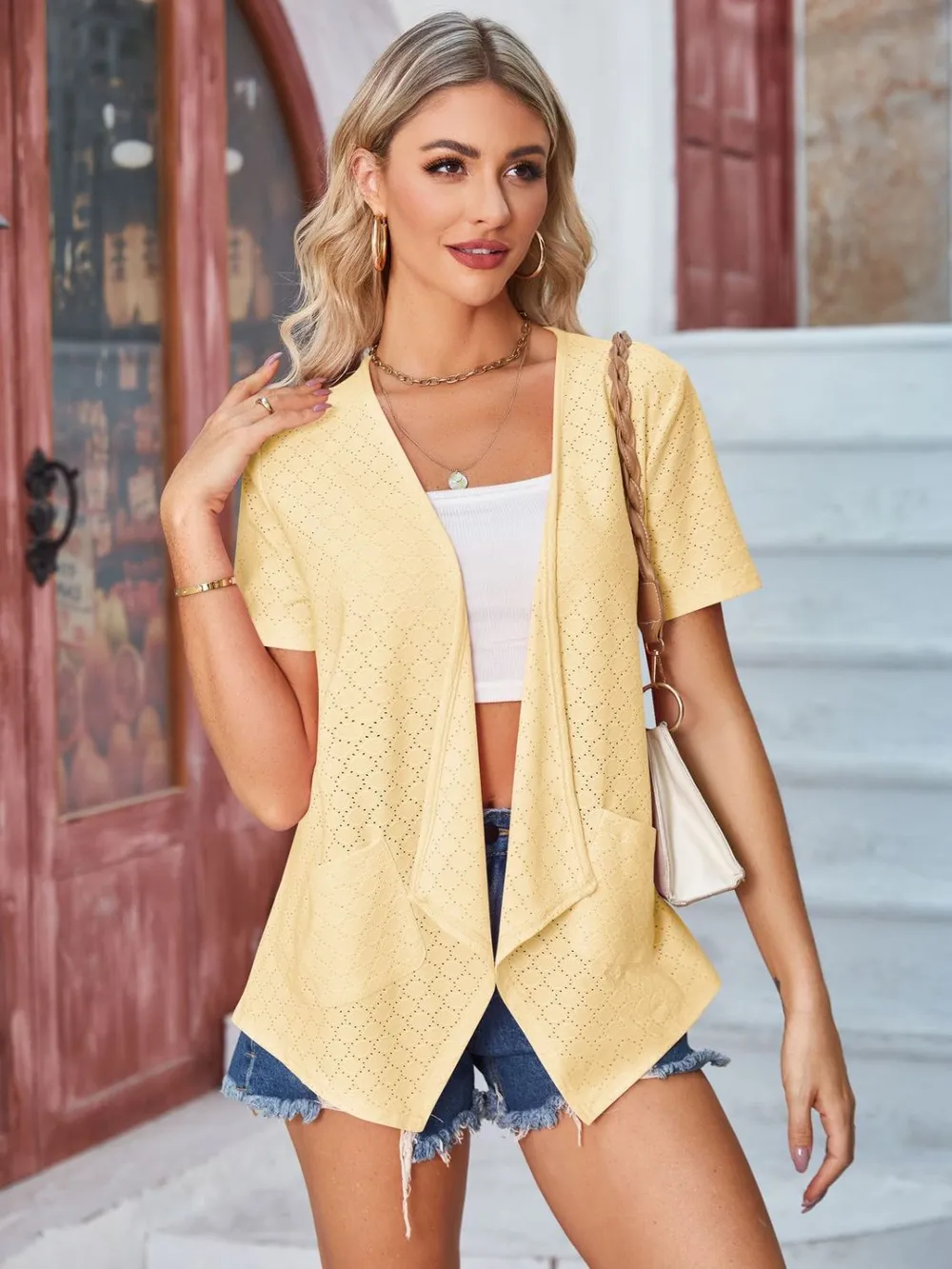 Eyelet Open Front Short Sleeve Cover Up, image 19