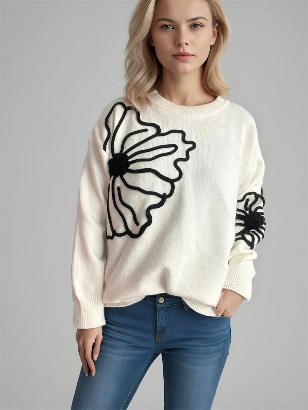 Flower Round Neck Long Sleeve Sweater, image 8