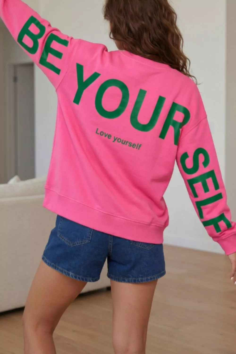 Slogan Print Round Neck Long Sleeve Sweatshirt, image 3