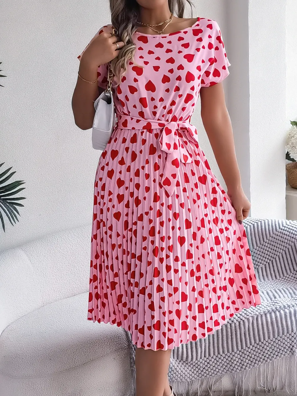 Heart Print Short Sleeve Tie Waist Dress, image 5