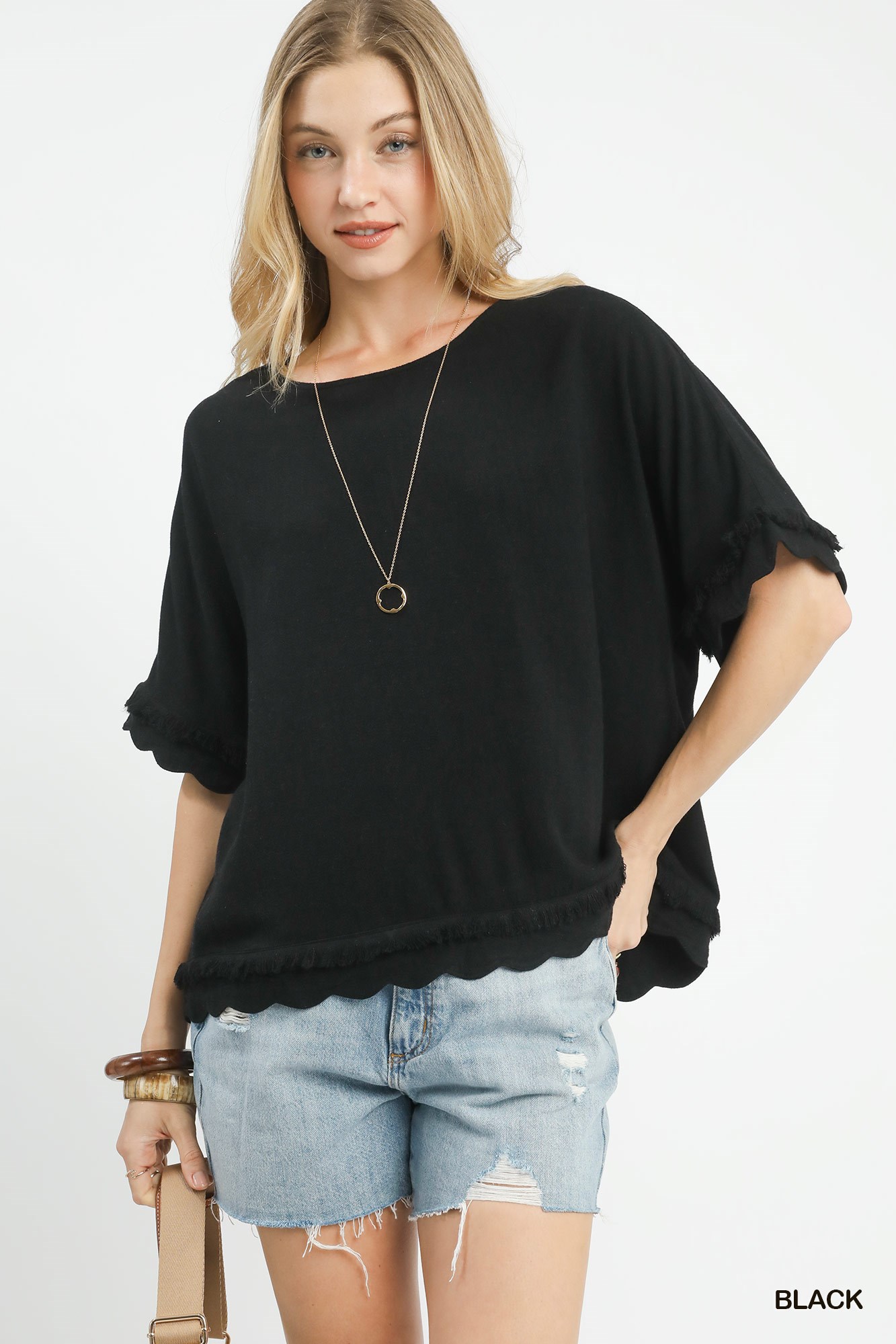 Linen Frayed Hem Scallop Edge Top