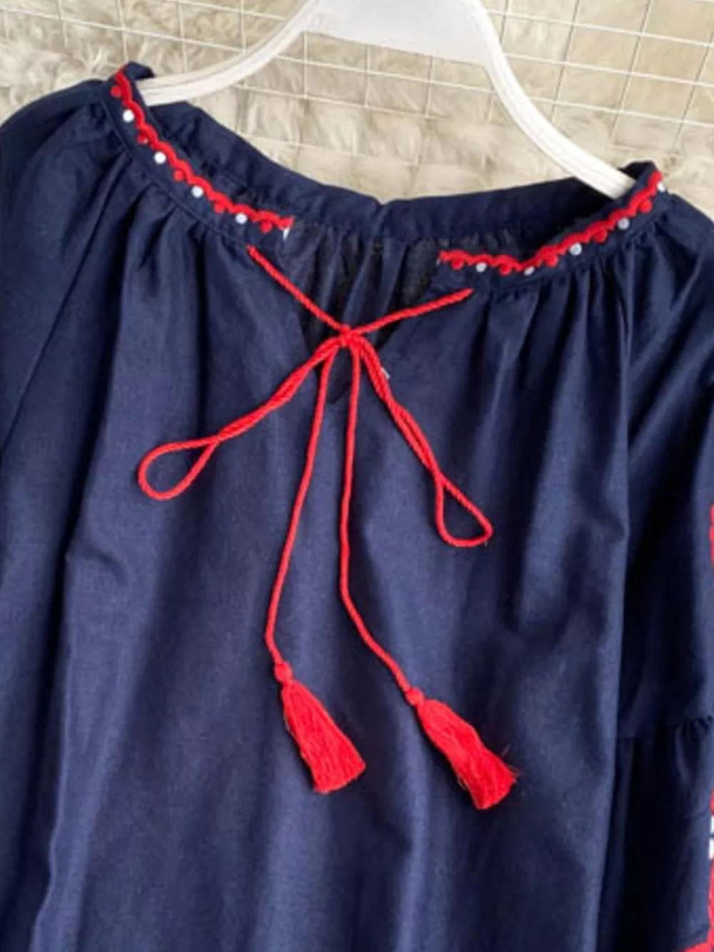 Embroidered Tassel Tie Neck Blouse, image 3