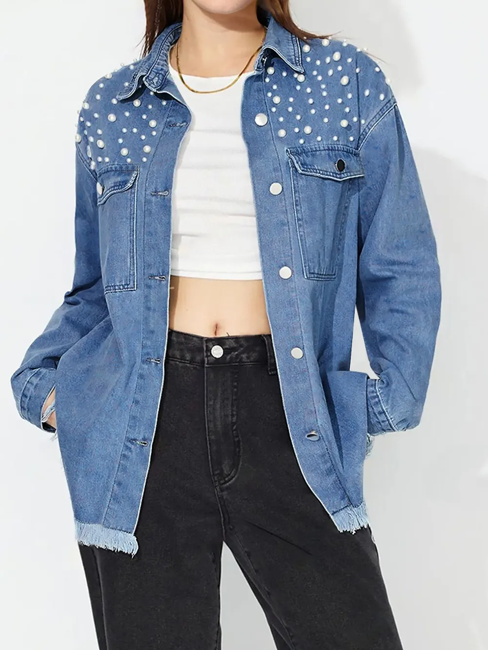 Raw Hem Pearl Trim Collared Neck Denim Top, image 4