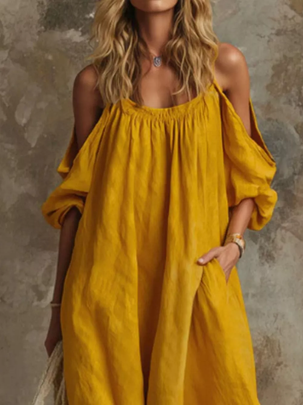 Full Size Cold-Shoulder Linen Maxi Dress Plus Size, image 4