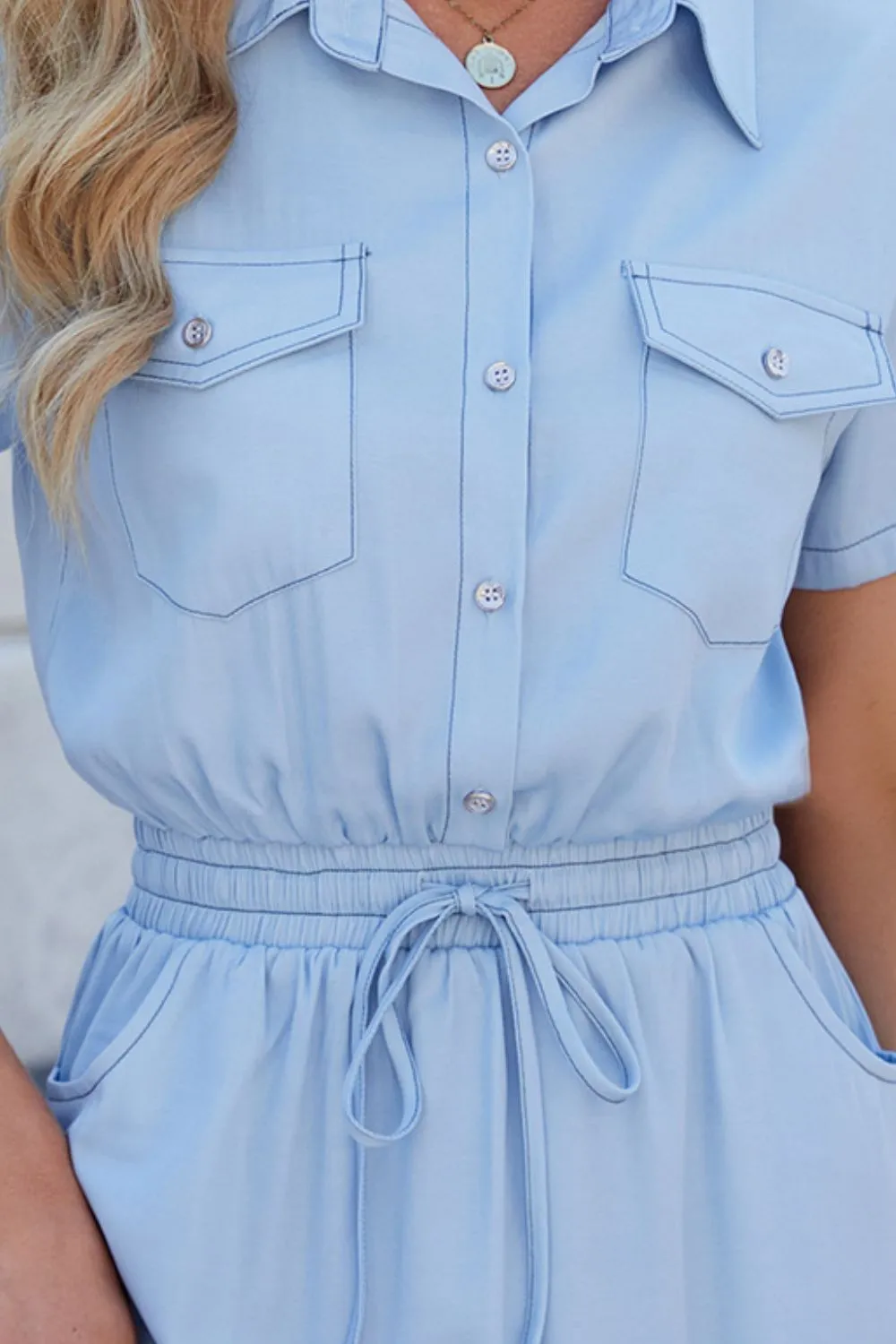 Drawstring Collared Neck Short Sleeve Denim Dress, image 11