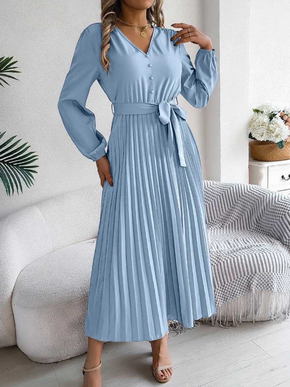 Pleated Tied V-Neck Long Sleeve Dress, image 10